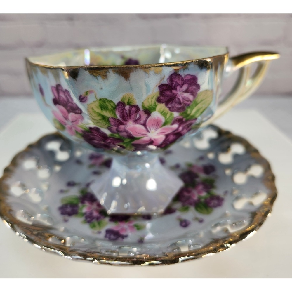 Vintage Royal Sealy China Japan Footed Tea Cup & Saucer Opalesant Pink Purple
